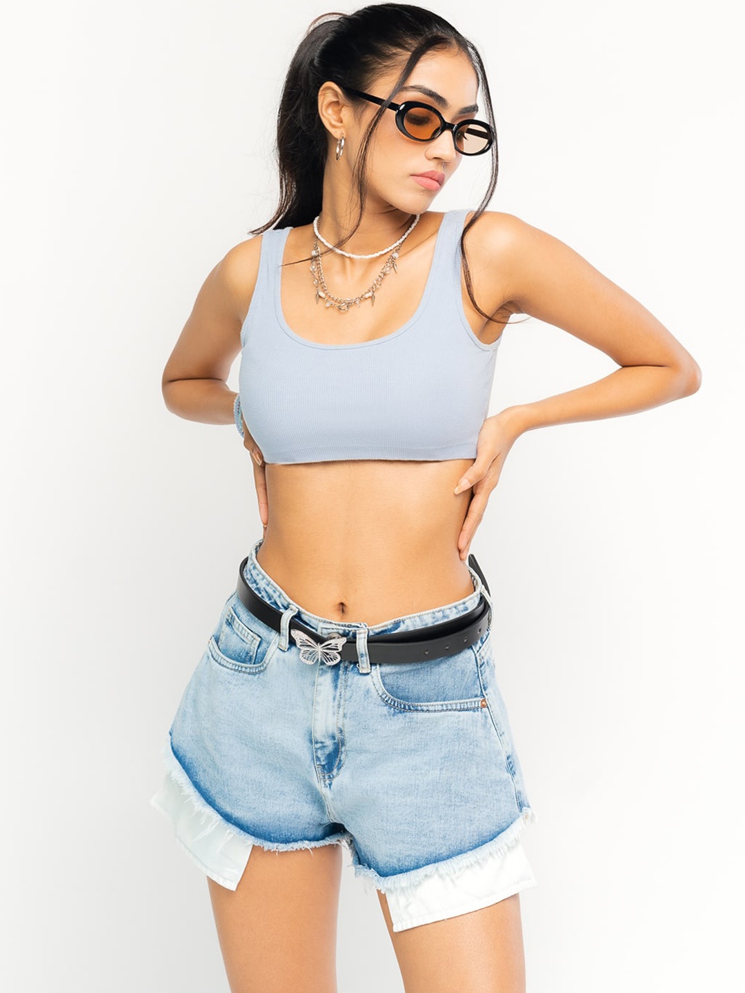 

FREAKINS Women Blue Washed High-Rise Denim Shorts