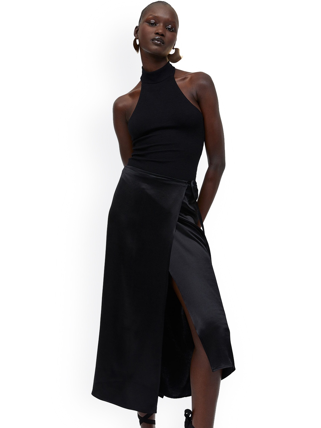 

H&M Satin Wrap Skirt, Black