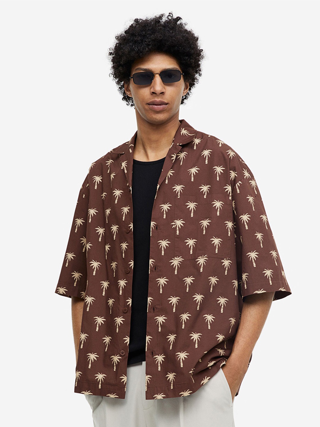 

H&M Men Cotton Oversized Fit Patterned Resort Shirt, Brown