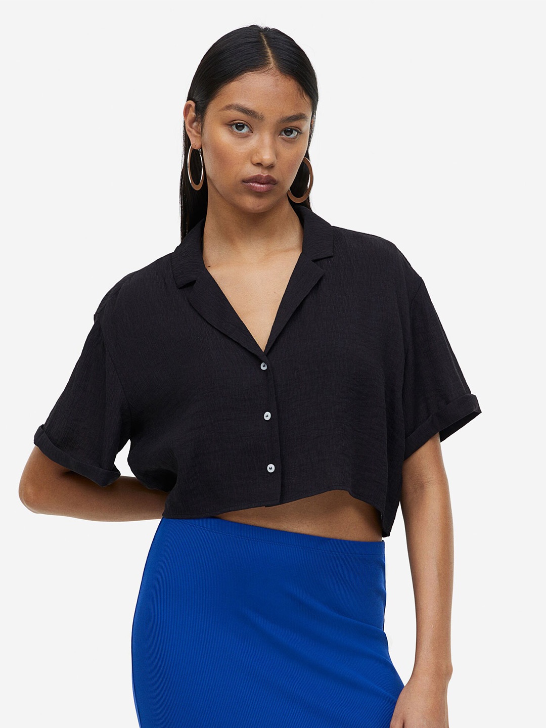 

H&M Women Crinkled Resort Shirt, Black