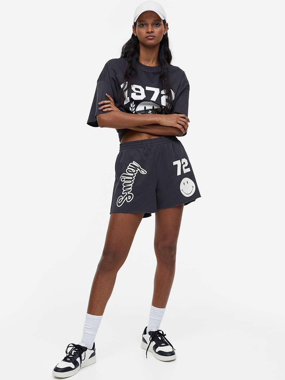 

H&M Women Printed Sweatshorts, Charcoal