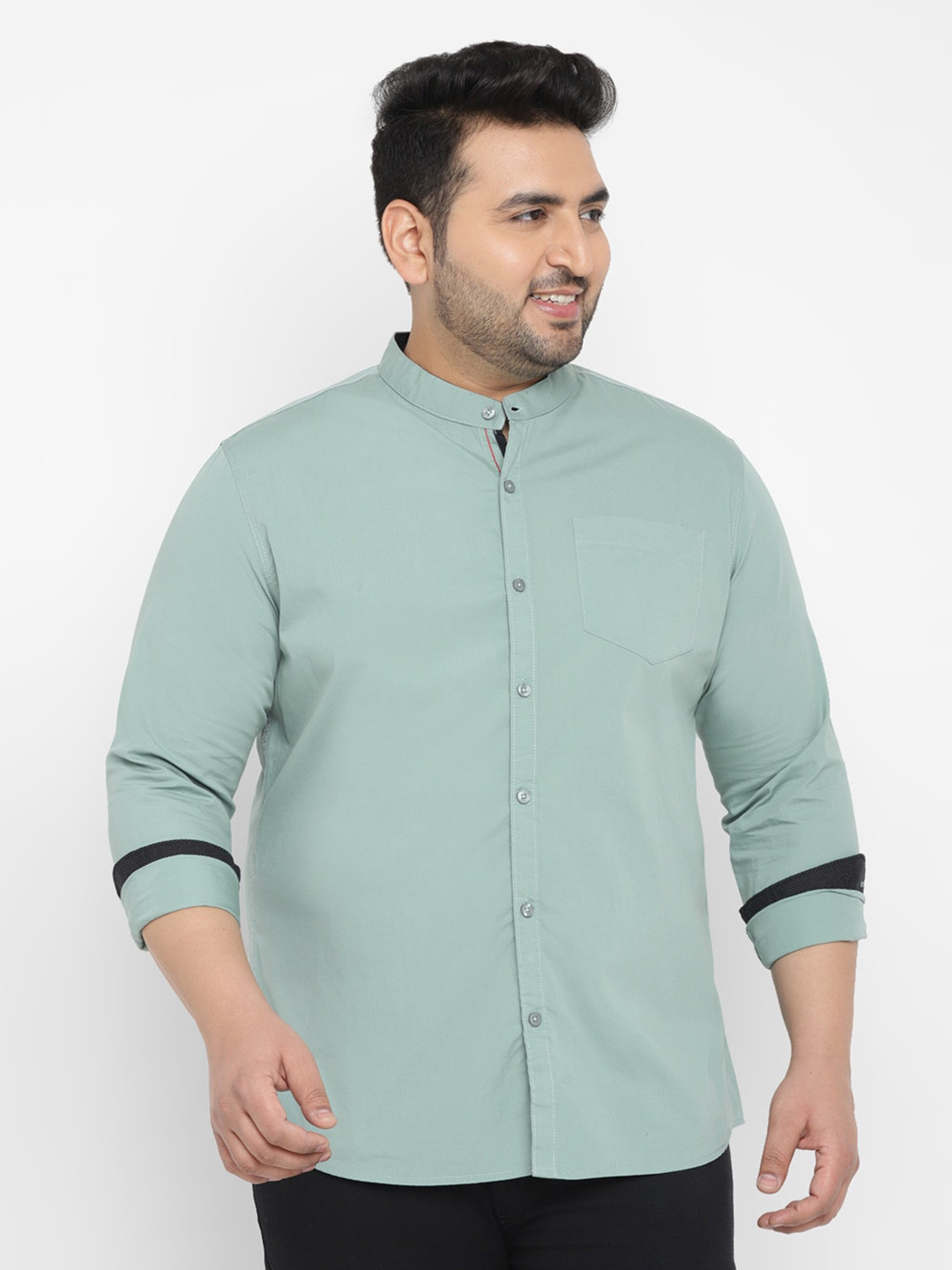 

Urbano Plus Size Pure Cotton Mandarin Collar Opaque Casual Shirt, Green