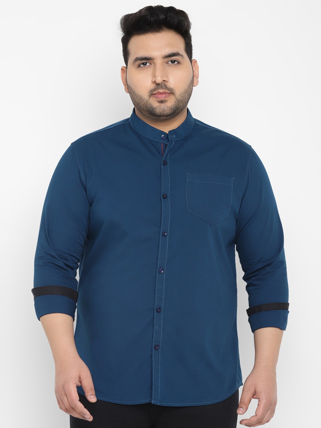 

Urbano Plus Size Pure Cotton Mandarin Collar Opaque Casual Shirt, Blue