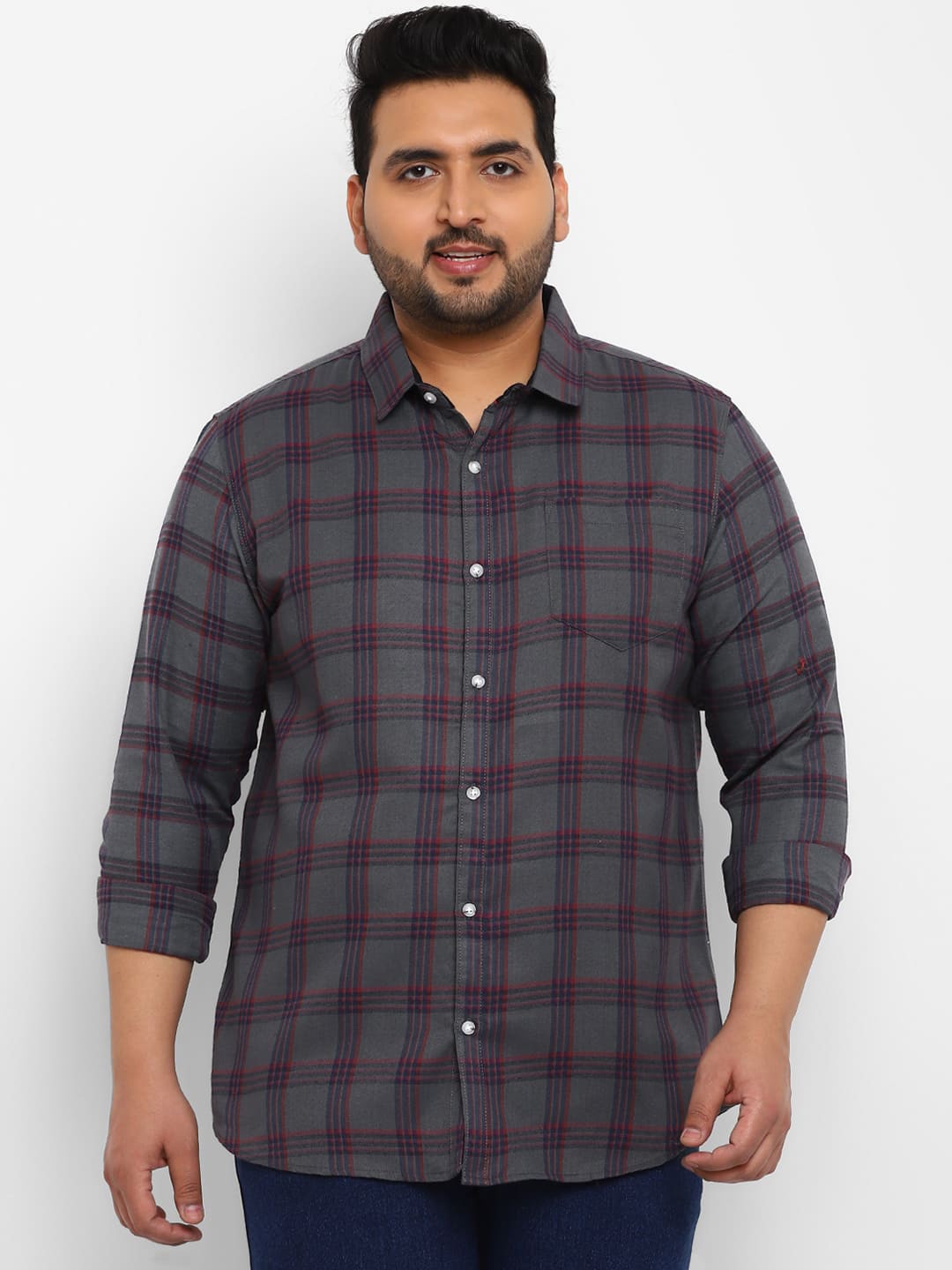 

Urbano Plus Size Opaque Checked Spread Collar Casual Shirt, Grey