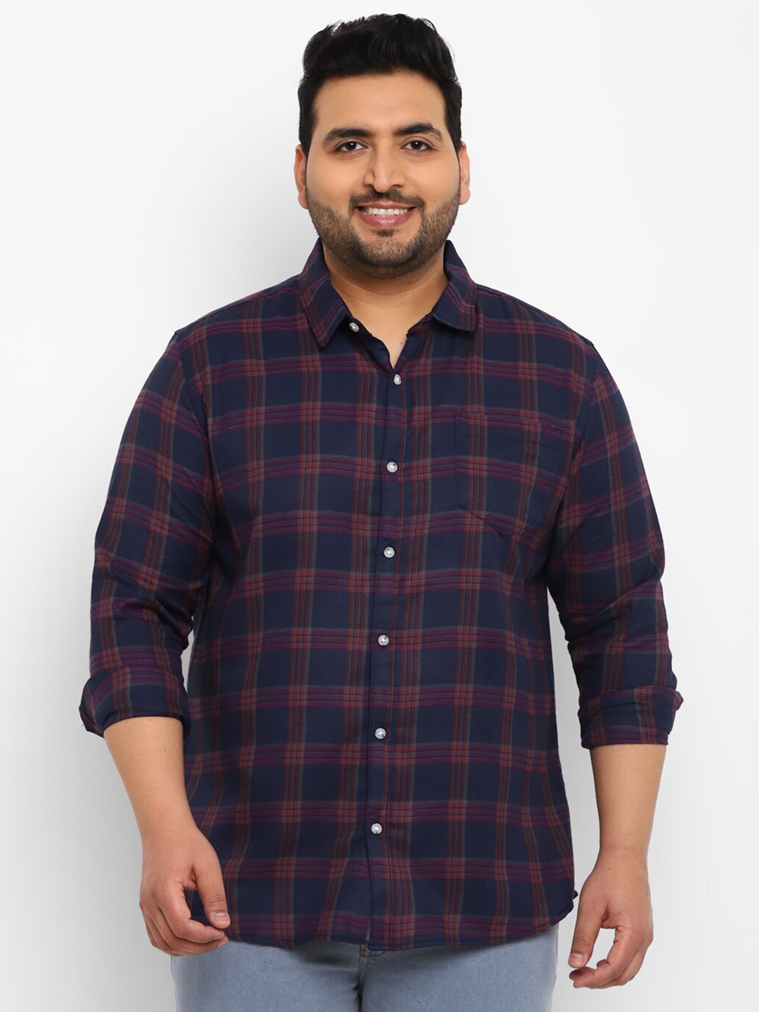 

Urbano Plus Size Opaque Checked Spread Collar Casual Shirt, Blue