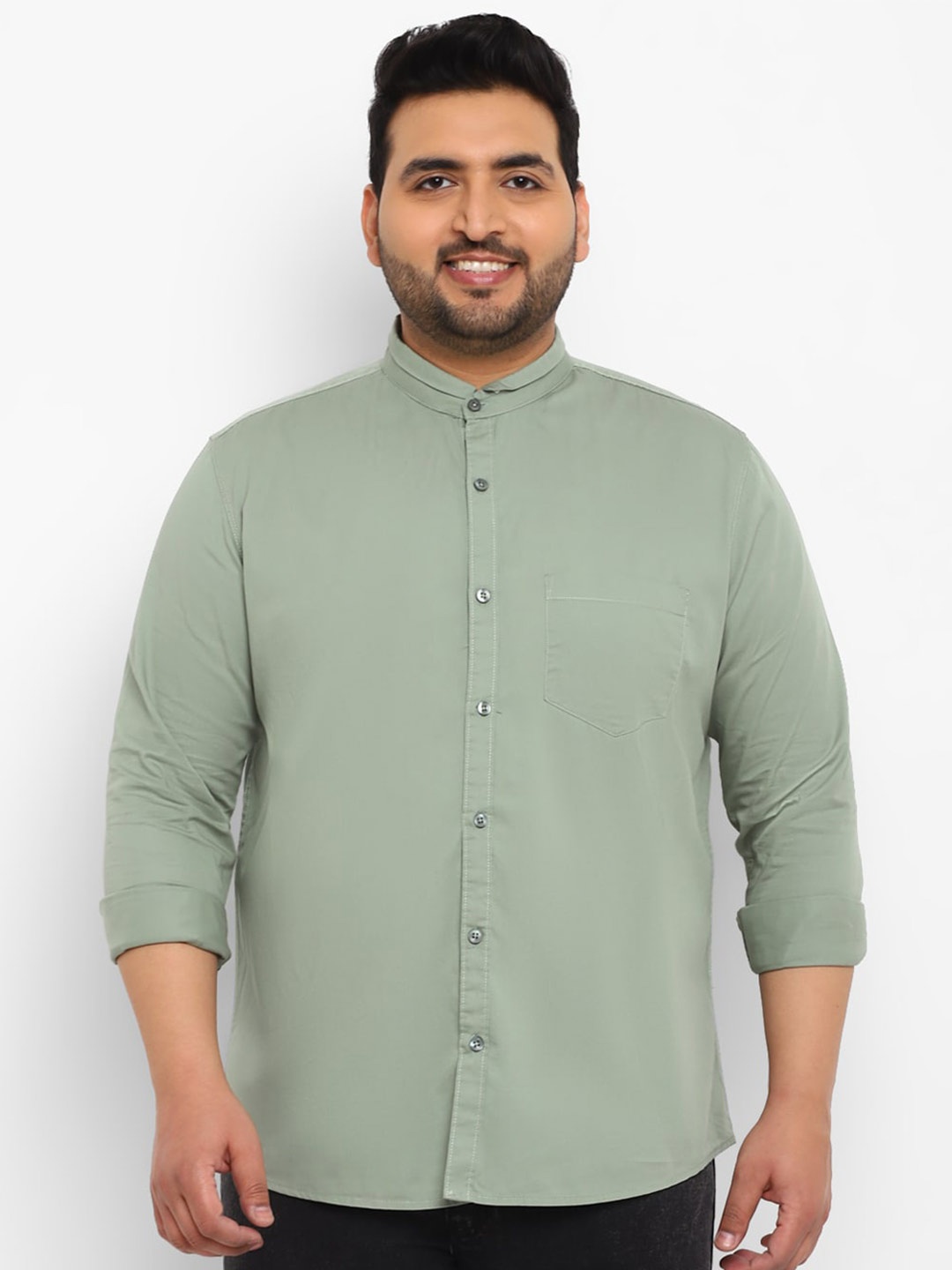 

Urbano Plus Size Opaque Mandarin Collar Pure Cotton Casual Shirt, Green