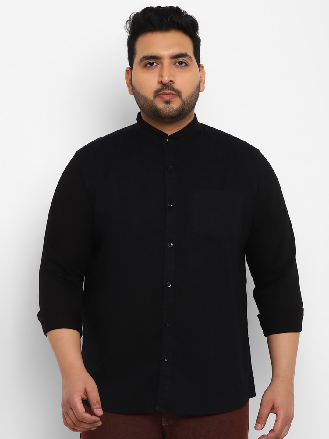 

Urbano Plus Size Mandarin Collar Pure Cotton Casual Shirt, Black