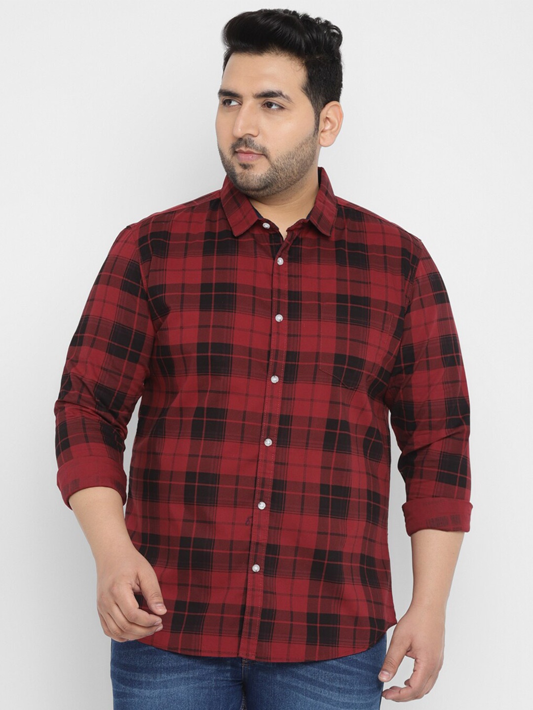 

Urbano Plus Size Tartan Checked Pure Cotton Casual Shirt, Red