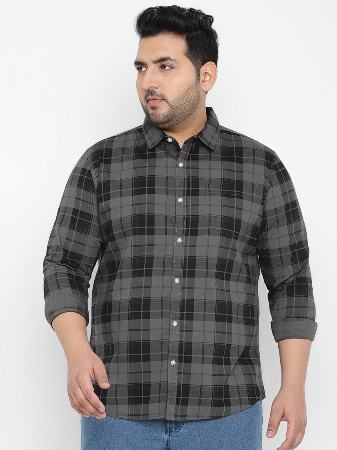 

Urbano Plus Size Tartan Checked Pure Cotton Casual Shirt, Grey