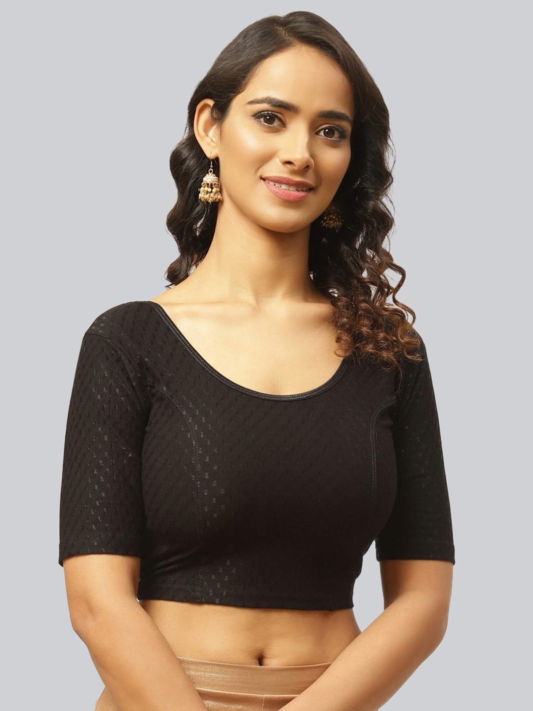 

Fressia Fabrics Woven Design Round Neck Saree Blouse, Black