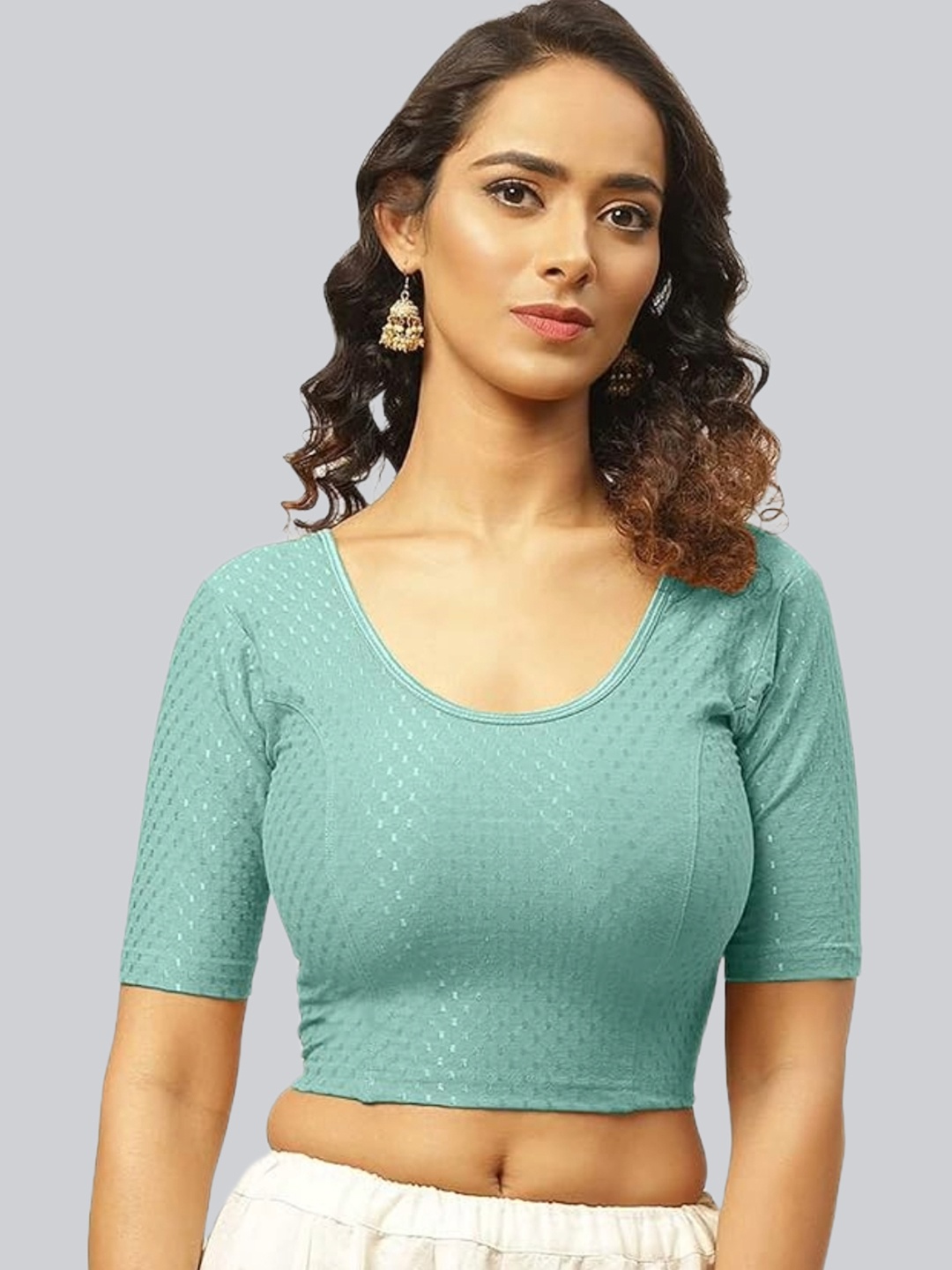 

Fressia Fabrics Woven Design Round Neck Saree Blouse, Green