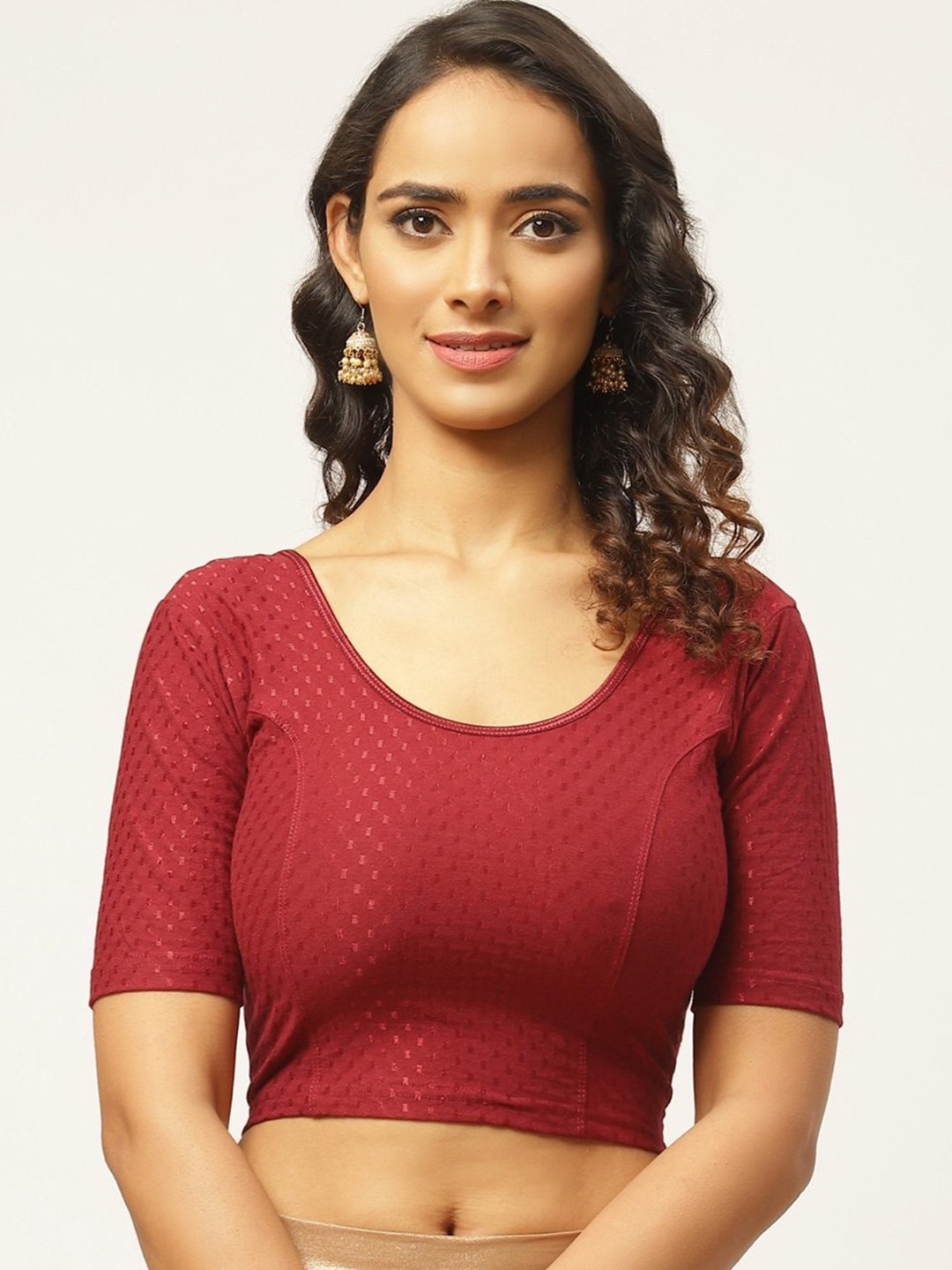 

Fressia Fabrics Woven Design Round Neck Saree Blouse, Maroon