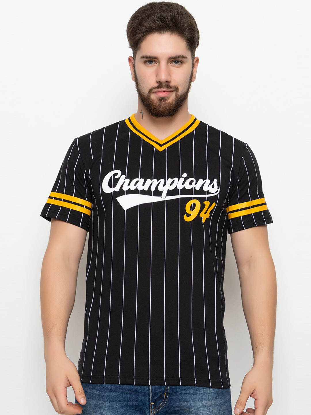 

Skidlers Striped V-Neck Short Sleeves Oversized Cotton T-shirt, Black