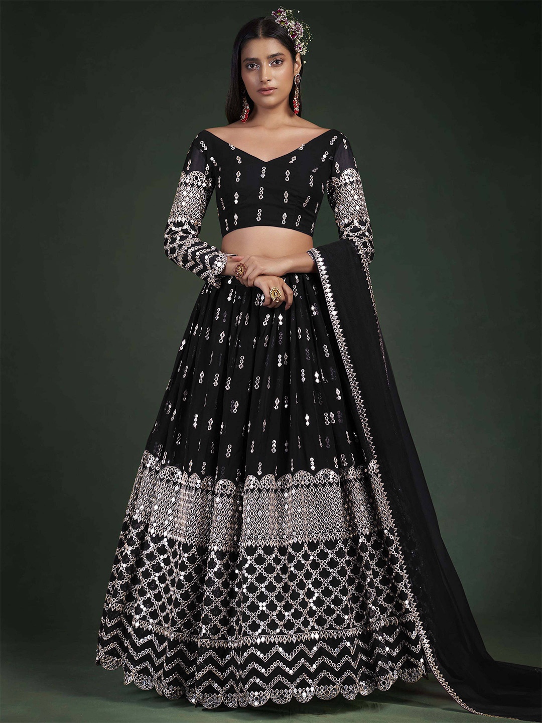 

FABPIXEL Embroidered Semi-Stitched Lehenga & Unstitched Blouse With Dupatta, Black