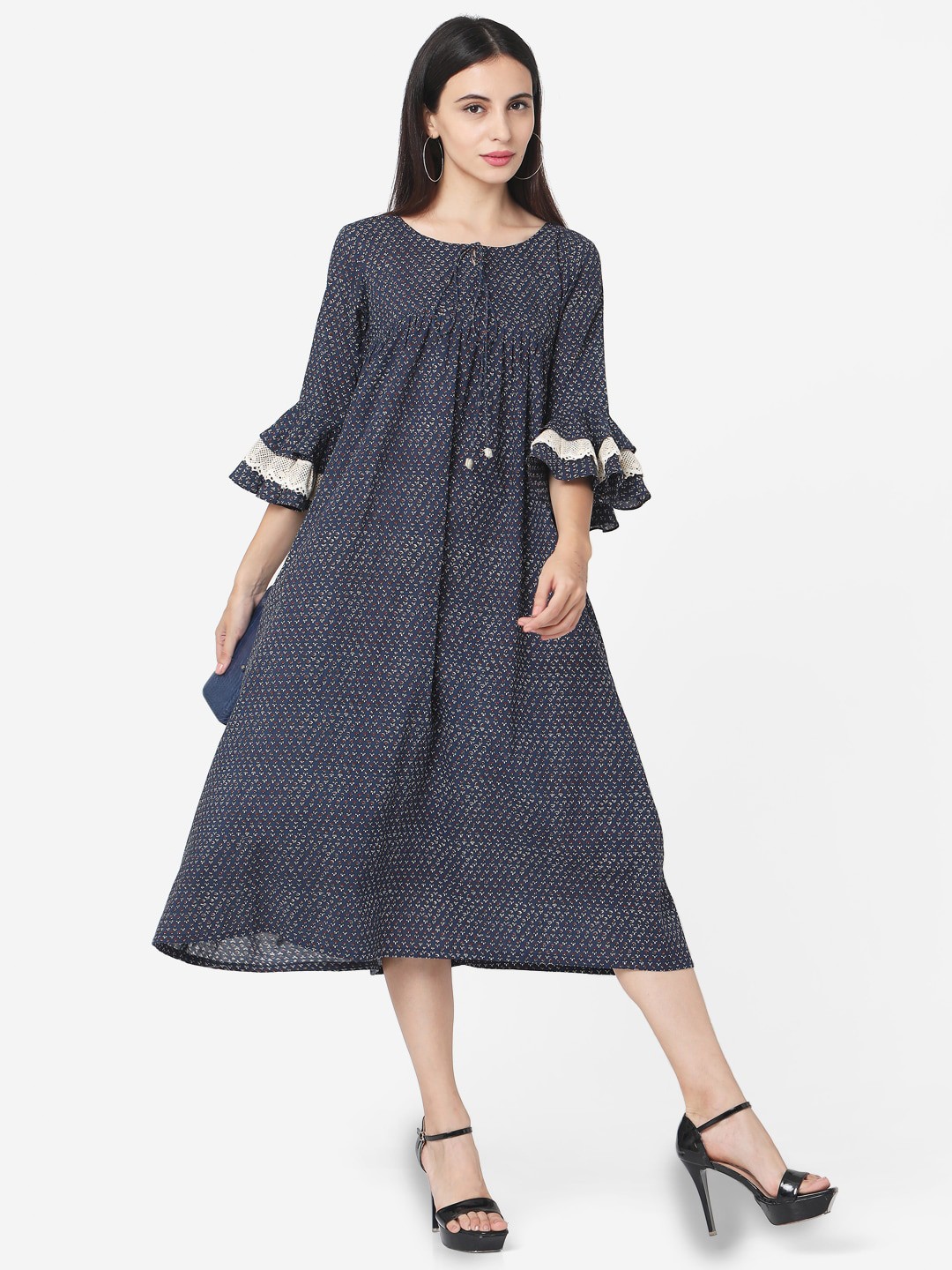 

KALINI Print Bell Sleeve A-Line Midi Dress, Navy blue