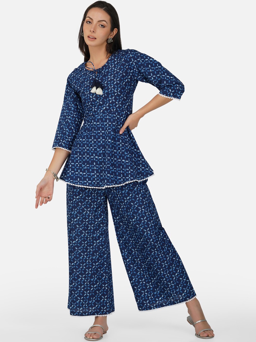 

METRO-FASHION Printed Pure Cotton Kurti With Palazzo, Navy blue