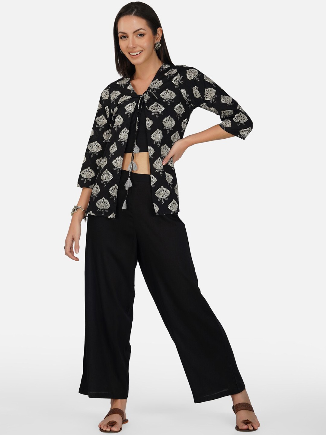 

METRO-FASHION Printed Pure Cotton Top With Trouser & Printed Jacket Co-Ords, Black