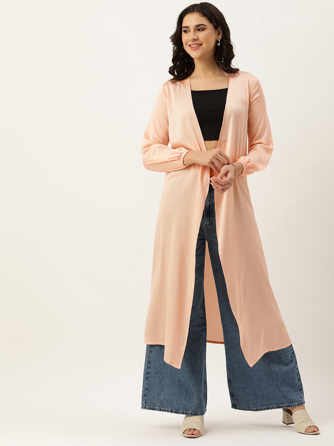 

ROVING MODE Women Solid Open Front Longline Shrug, Pink