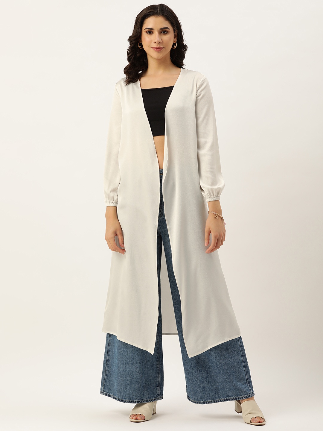 

ROVING MODE Women Solid Open Front Longline Shrug, Cream
