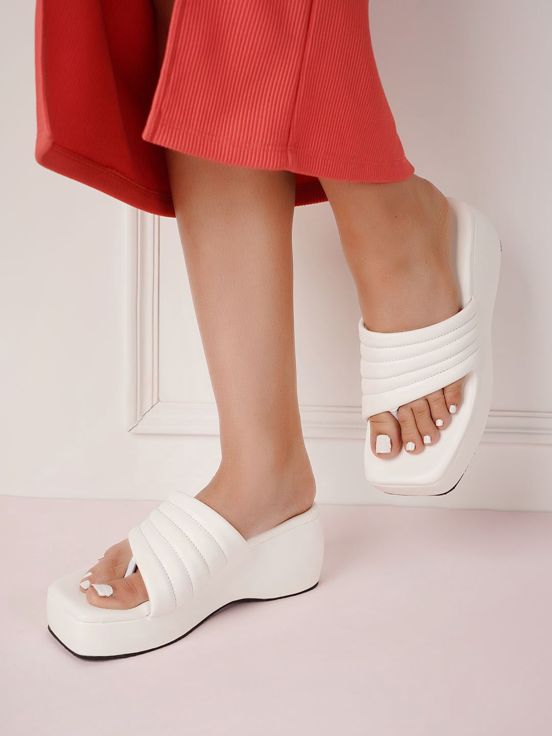 

Mast & Harbour White Textured Open Toe Flatform Heels