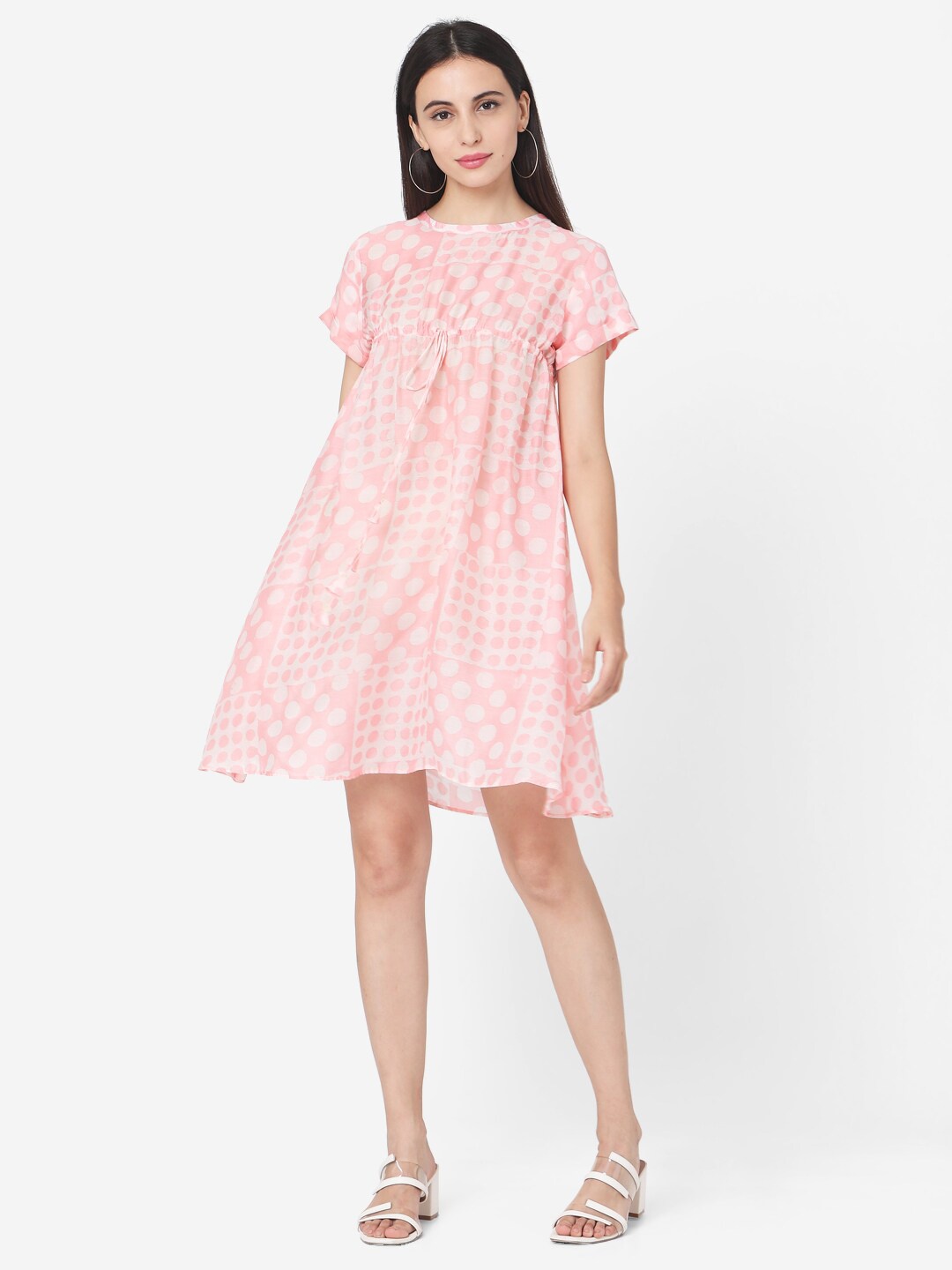 

Saanjh Peach-Coloured Polka Dots Printed Ruched A-Line Dress