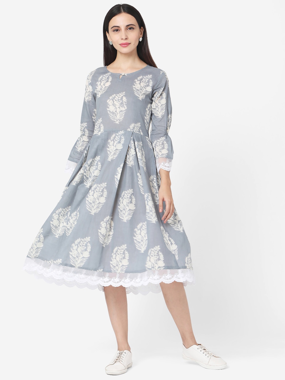

Saanjh Grey Floral Printed Cotton Fit & Flare Dress