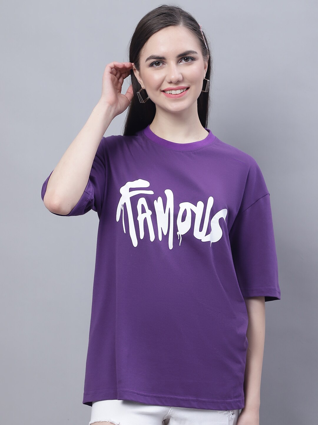 

Obaan Women Printed Drop-Shoulder Sleeves Loose T-shirt, Purple