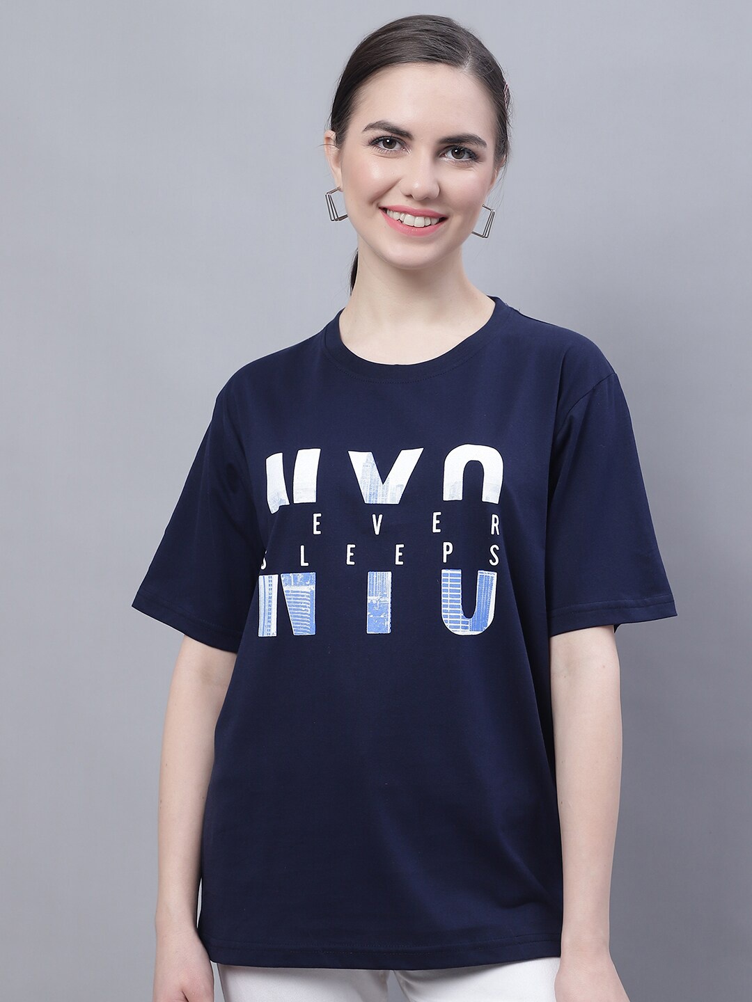 

Obaan Women Typography Printed Cotton T-shirt, Navy blue