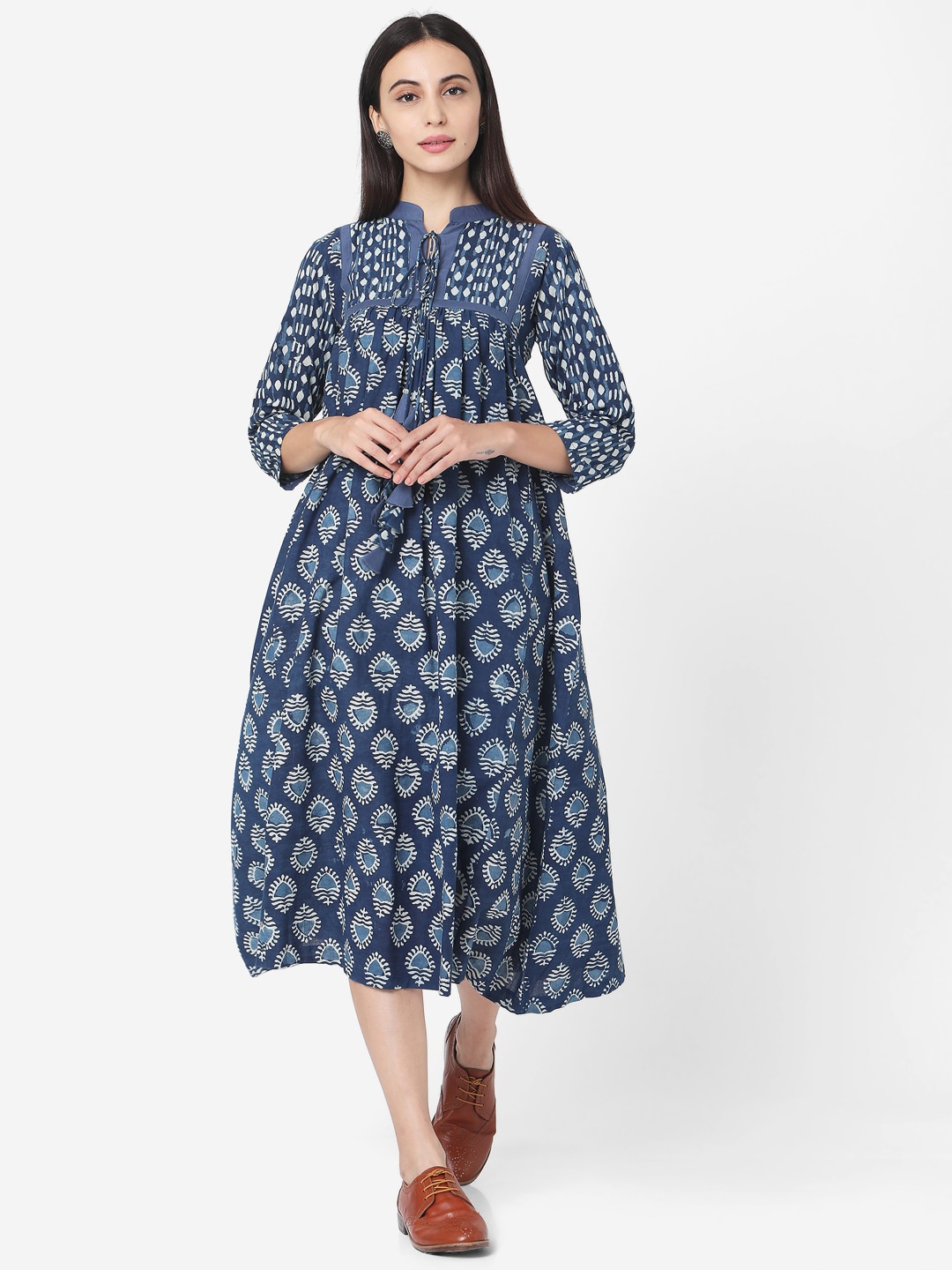 

KALINI Ethnic Motifs Printed Cotton Tie-Up Neck A-Line Midi Dress, Navy blue