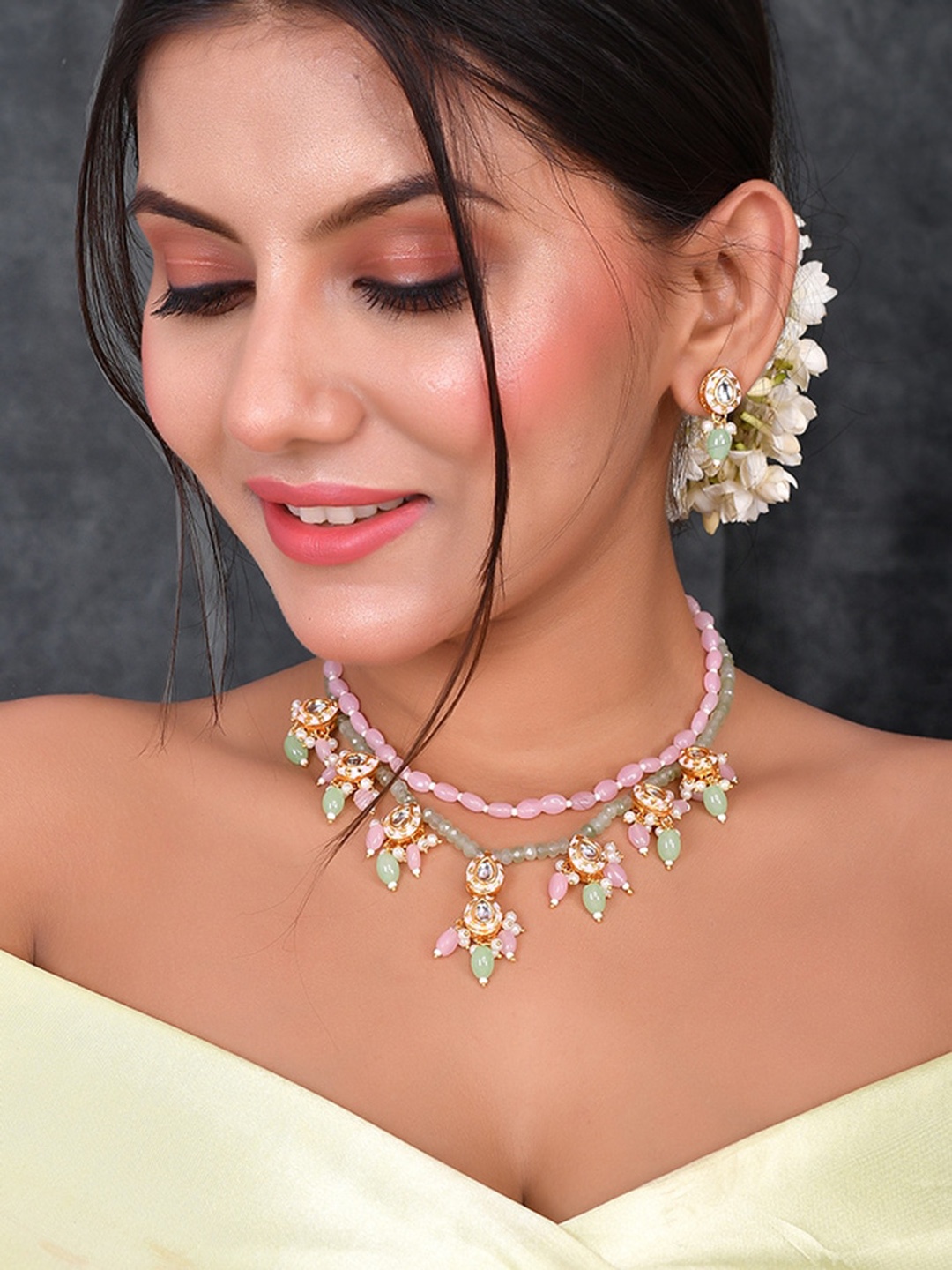 

DASTOOR Gold-Plated Kundan-Studded & Beaded Jewellery Set