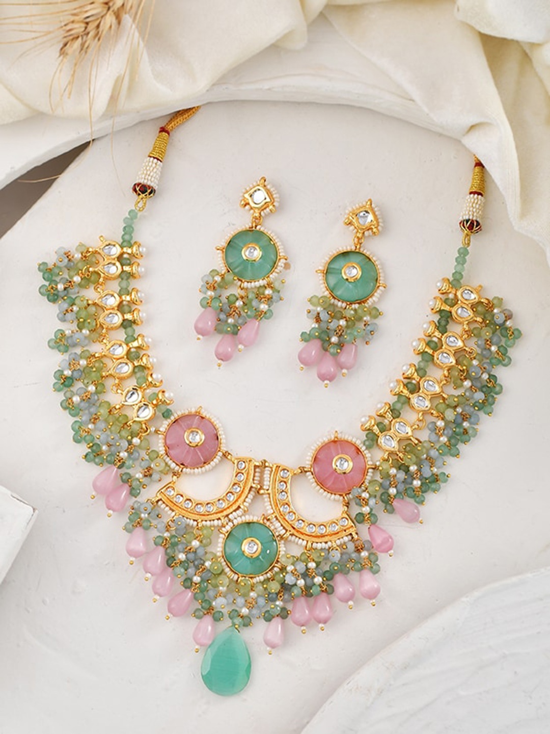 

DASTOOR Gold-Plated Stone-Studded & Beaded Jewellery Set