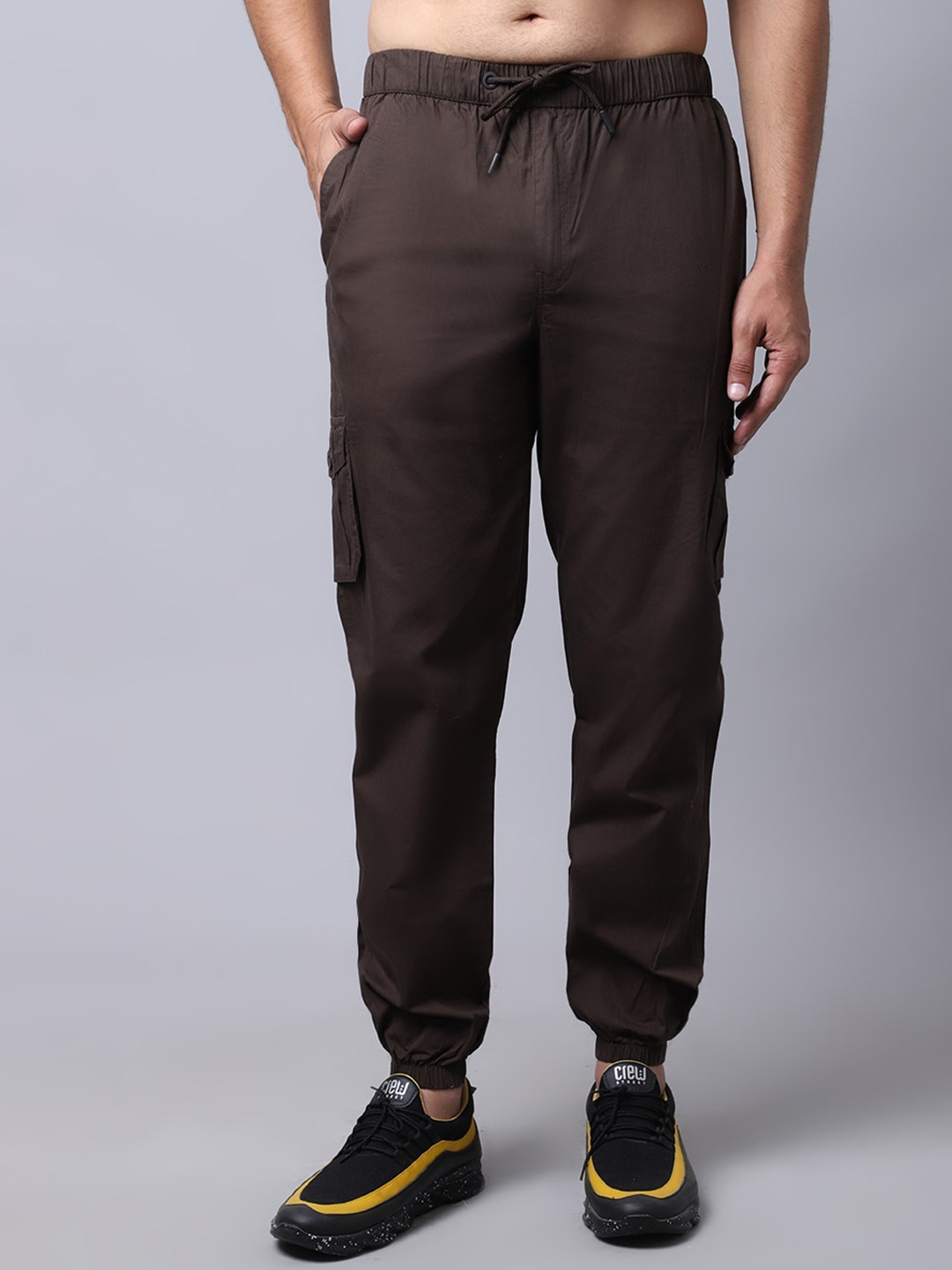 

Cantabil Men Cotton Mid-Rise Joggers, Brown