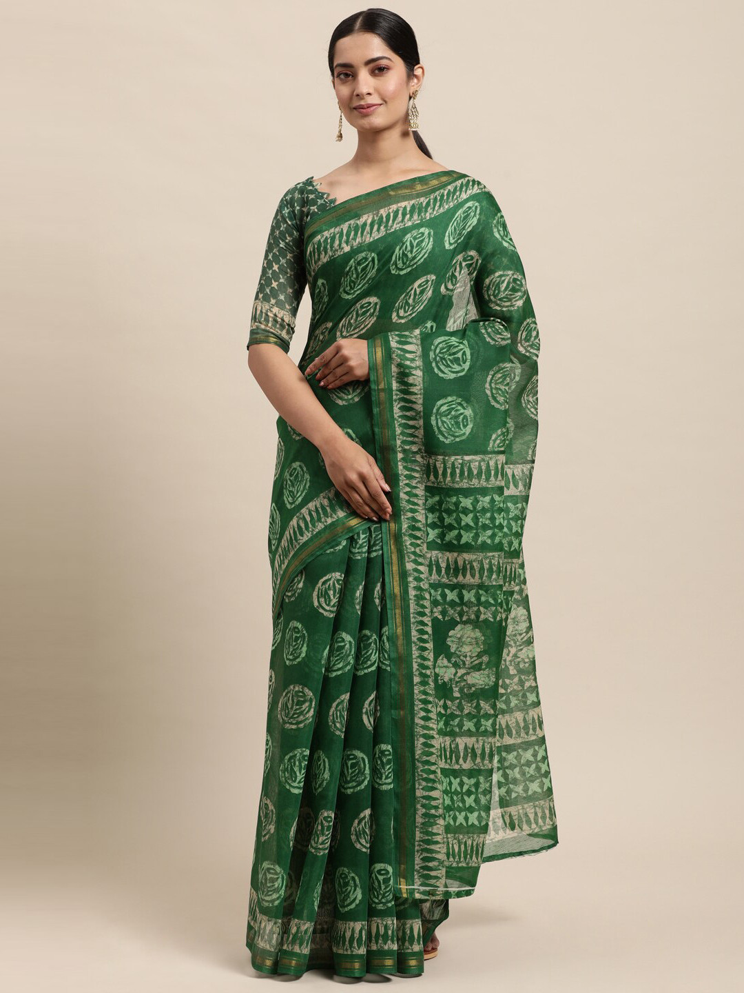 

Shaily Green & White Floral Block Printed Saree