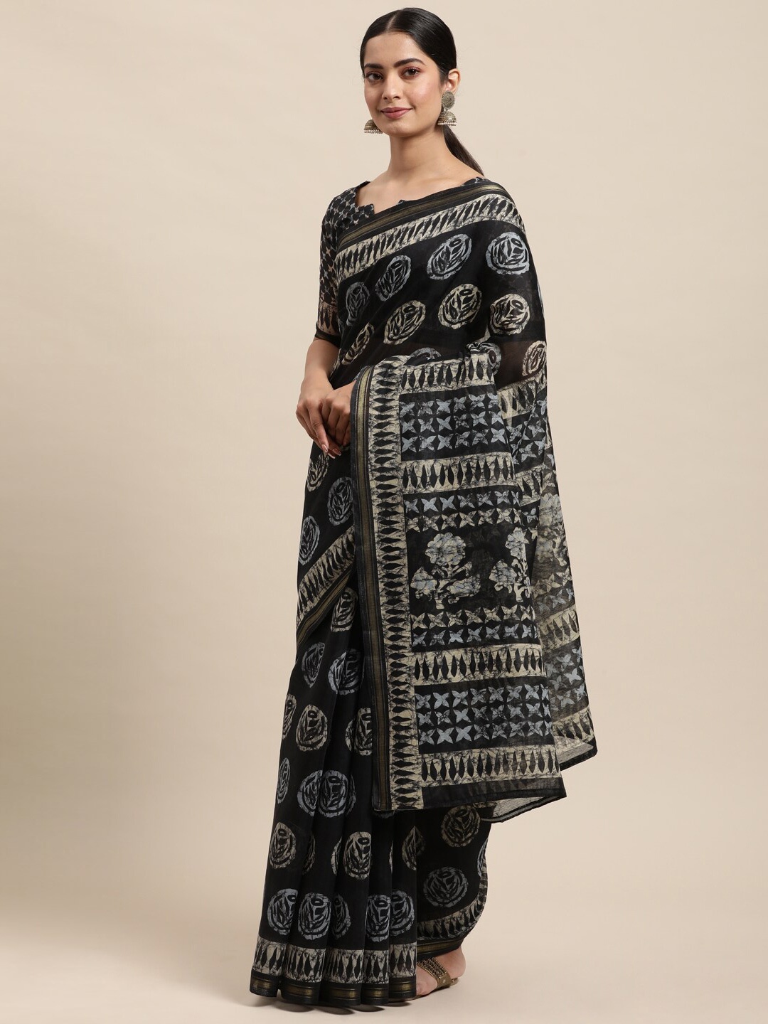 

KALINI Ethnic Motifs Printed Zari Saree, Black