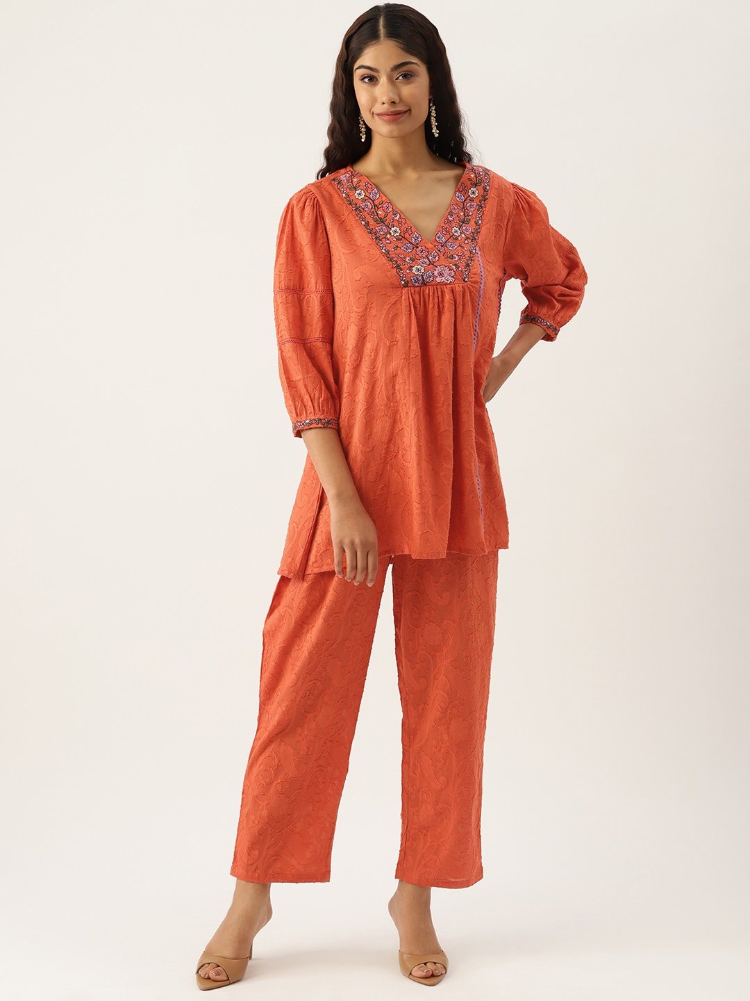 

MISRI Embroidered Pure Cotton Co-Ords, Orange