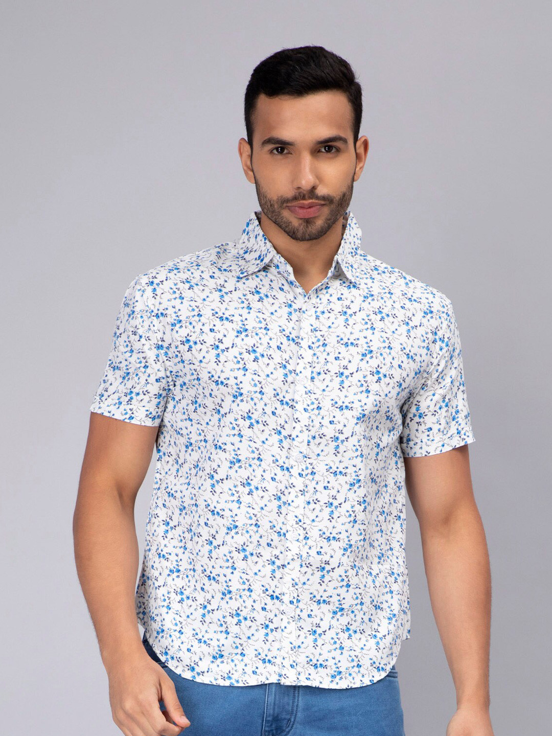 

Mad Over Print Floral Printed Comfort Slim Fit Opaque Cotton Casual Shirt, Blue