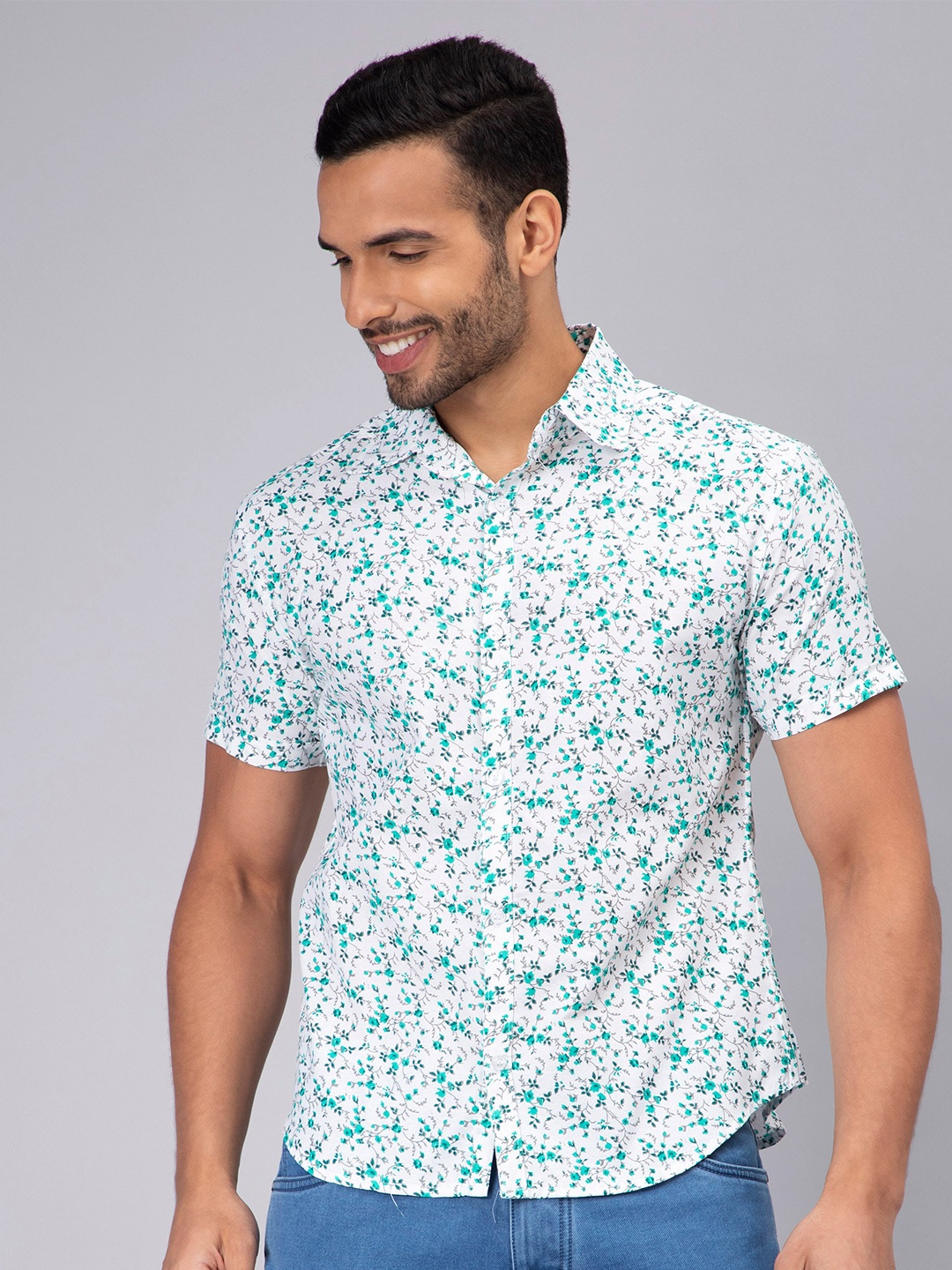 

Mad Over Print Floral Printed Comfort Slim Fit Opaque Cotton Casual Shirt, Green