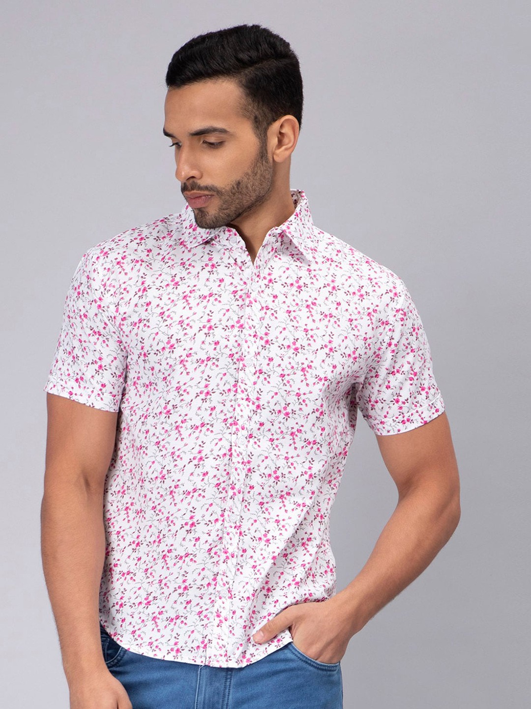

Mad Over Print Floral Printed Comfort Slim Fit Opaque Cotton Casual Shirt, Pink