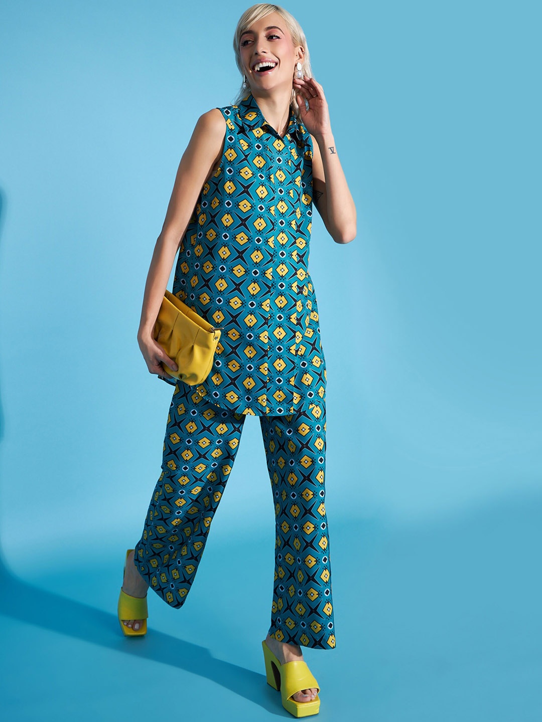 

SASSAFRAS Teal Blue Printed Tunic & Trouser Co-Ords