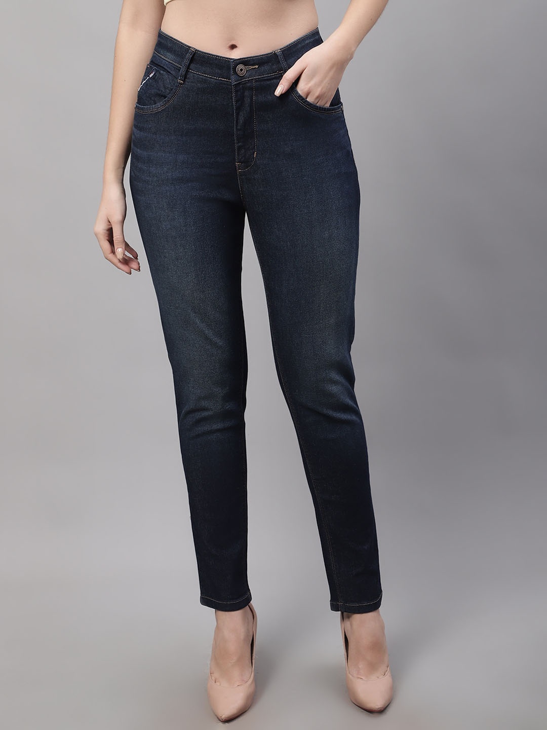 

Cantabil Women Mid-Rise Light Fade Clean Look Stretchable Cotton Jeans, Blue