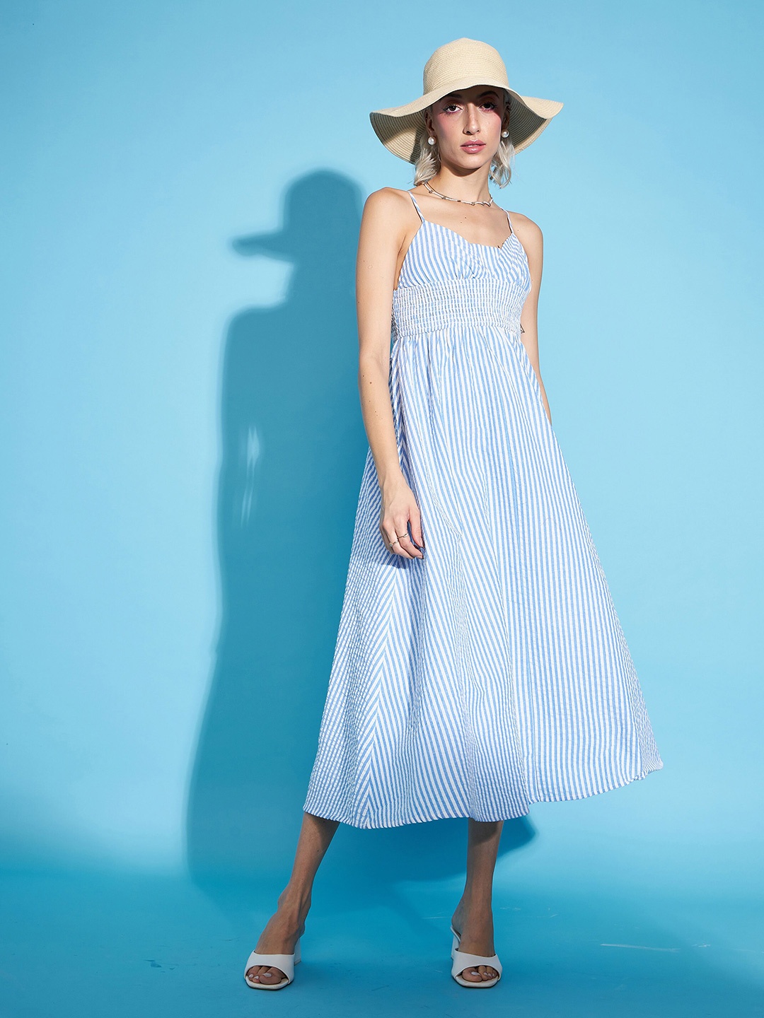 

SASSAFRAS Striped Smocked Fit & Flare Midi Dress, Blue