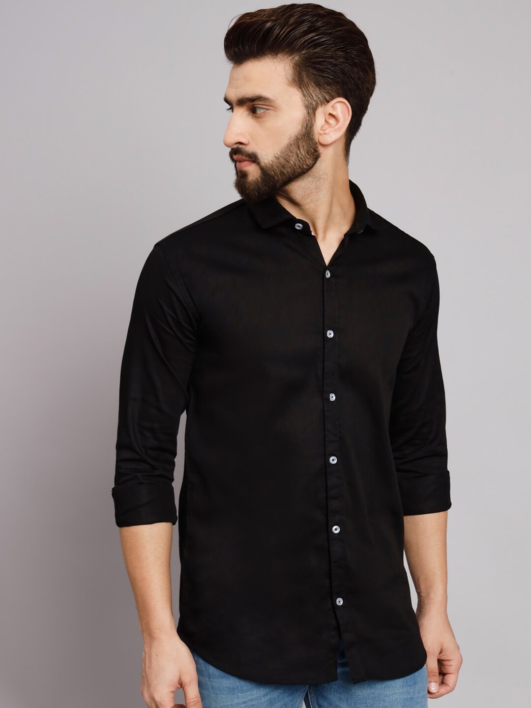 

POP CULTURE Spread Collar Twill Cotton Casual Shirt, Black