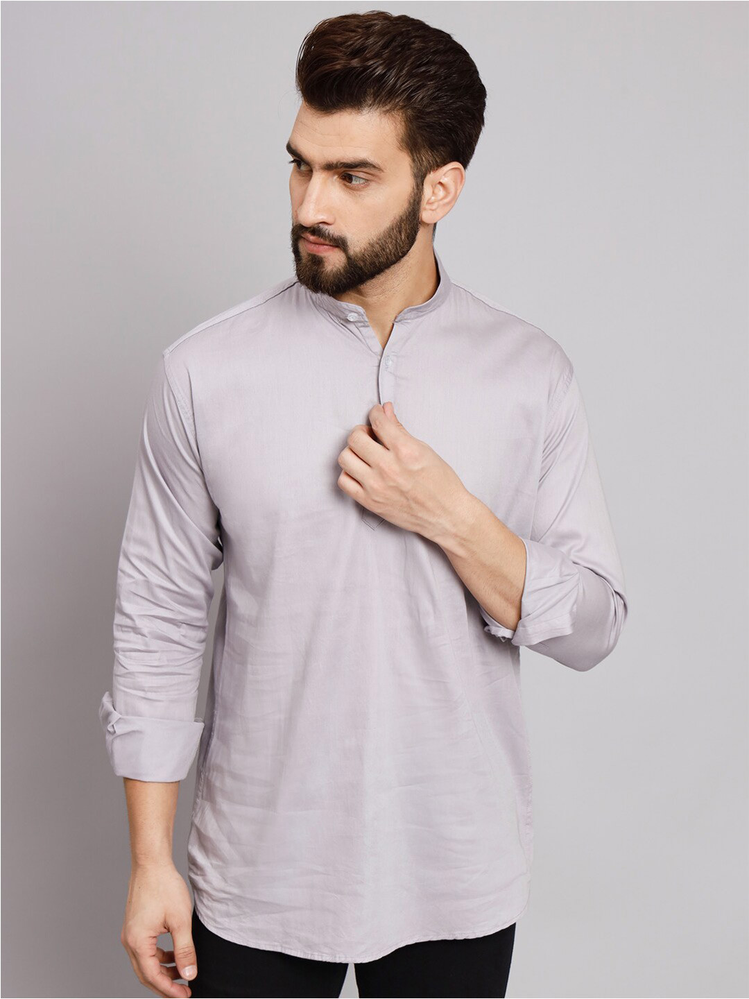 

POP CULTURE Mandarin Collar Twill Cotton Casual Shirt, Grey