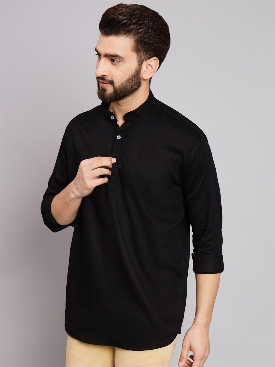 

POP CULTURE Mandarin Collar Twill Cotton Casual Shirt, Black