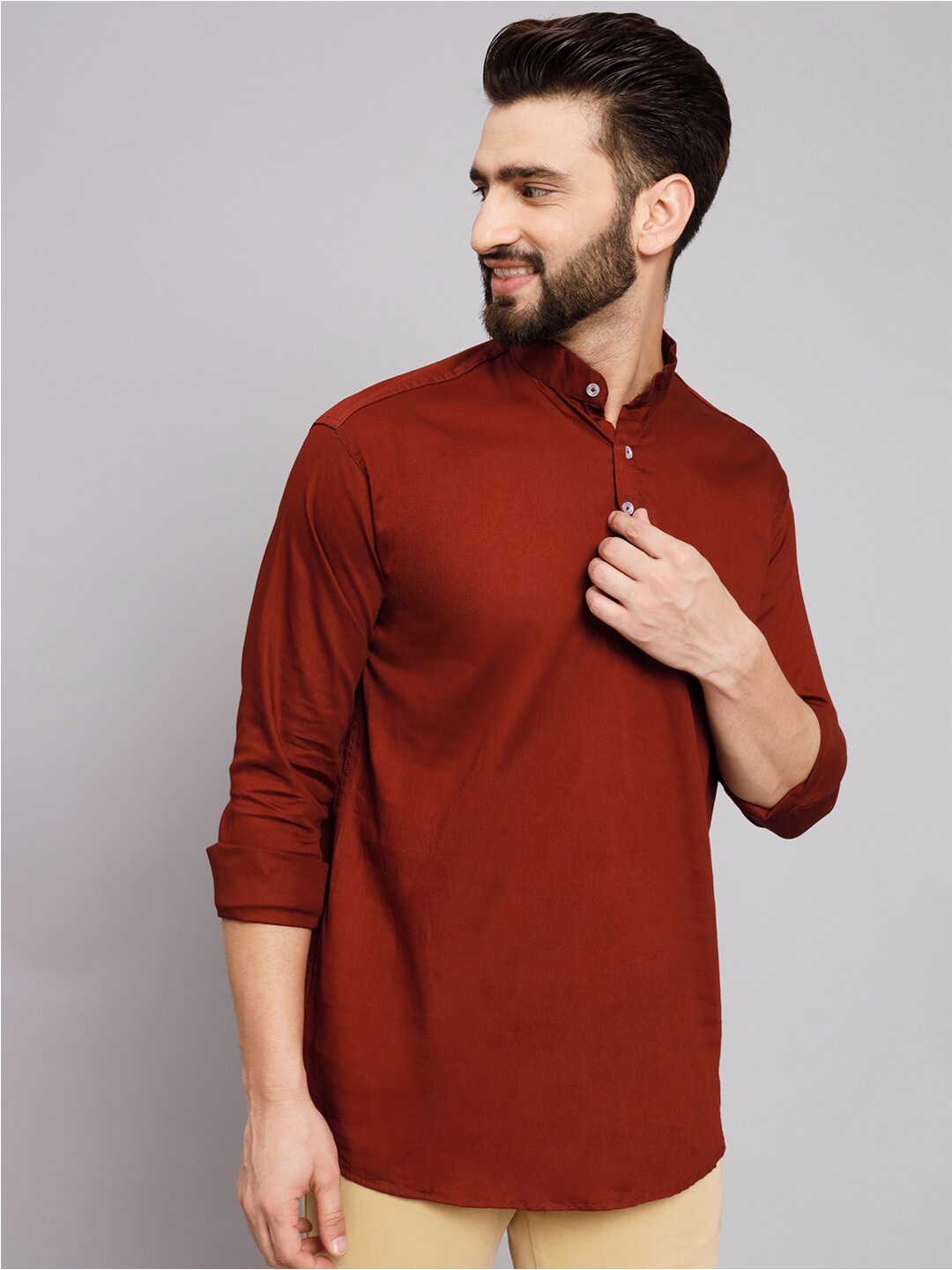 

POP CULTURE Band Collar Casual Cotton Shirt, Maroon