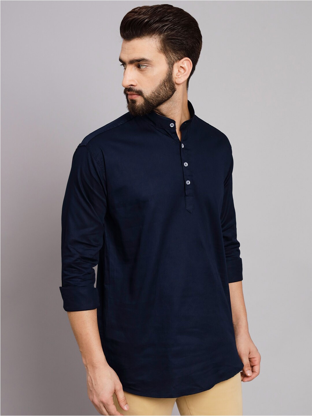 

POP CULTURE Band Collar Casual Cotton Shirt, Navy blue
