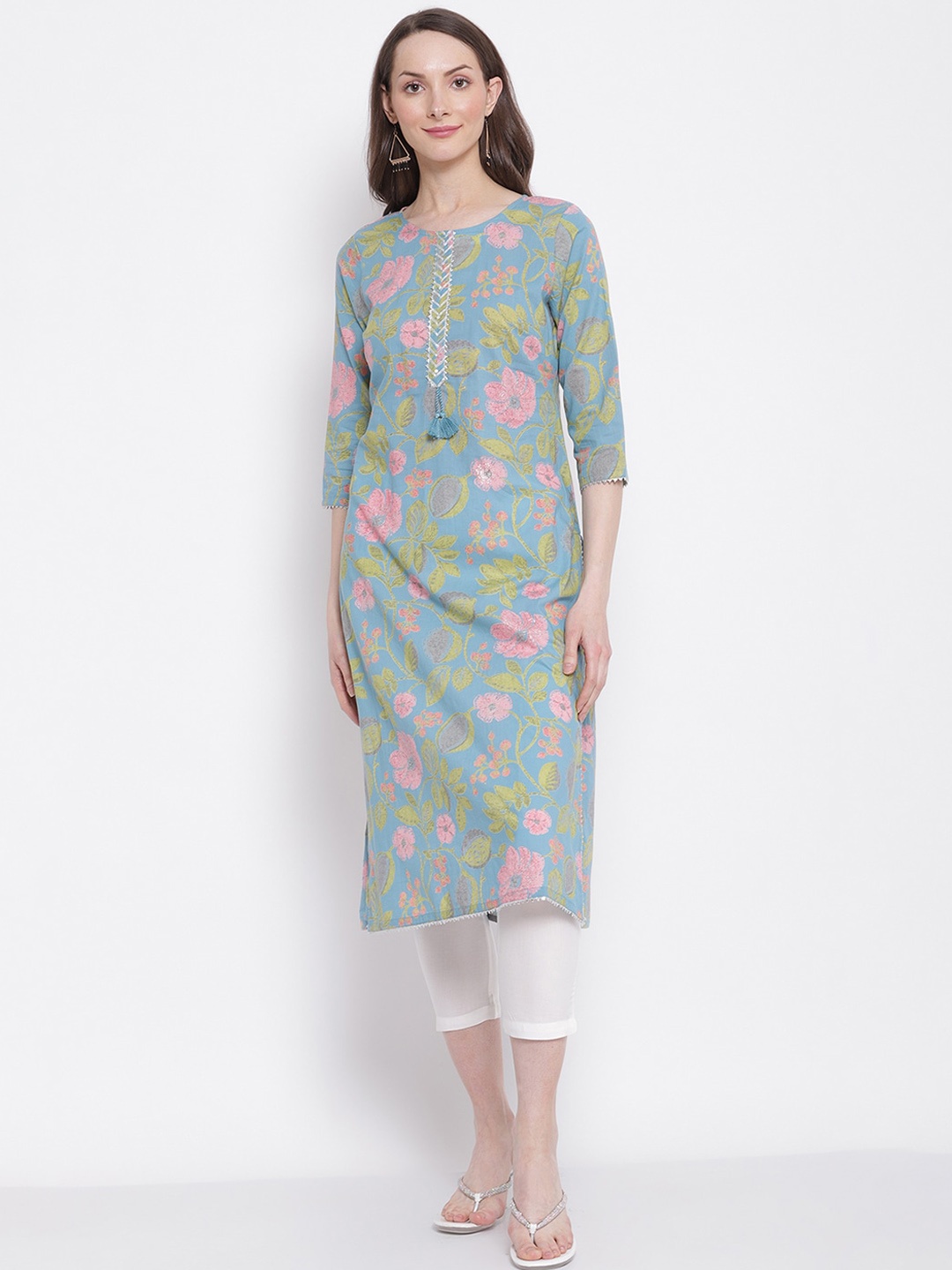 

Cantabil Floral Printed Gotta Patti Kurta, Turquoise blue