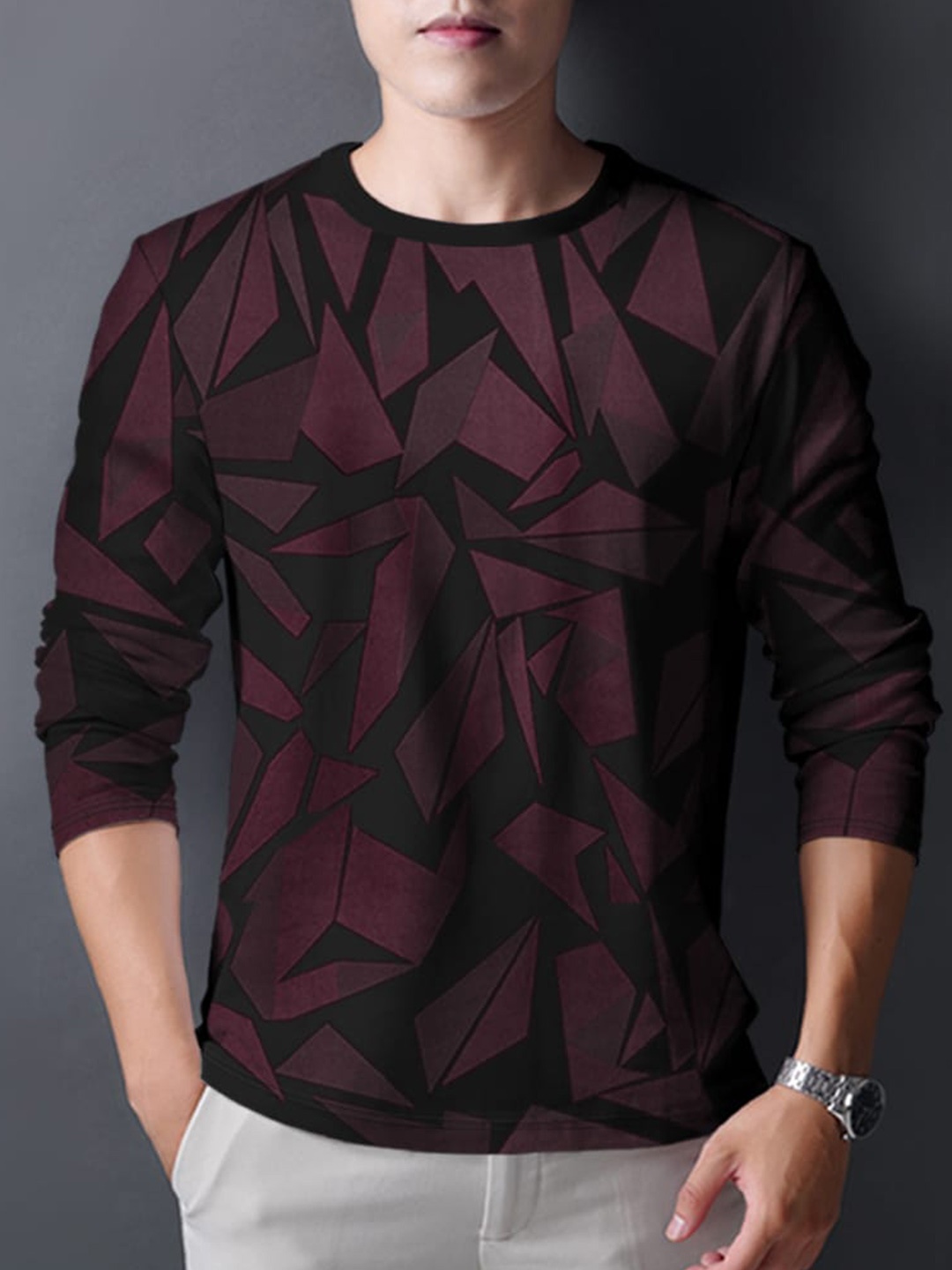 

Eyebogler Geometric Printed Long Sleeve Cotton T-shirt, Black
