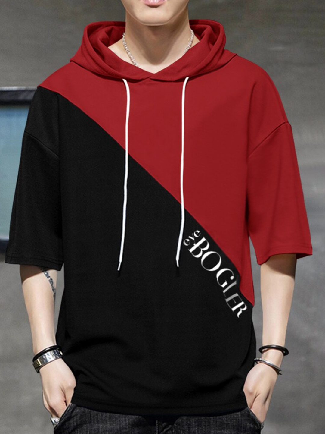 

Eyebogler Colourblocked Hooded Oversized-Fit Cotton T-shirt, Red