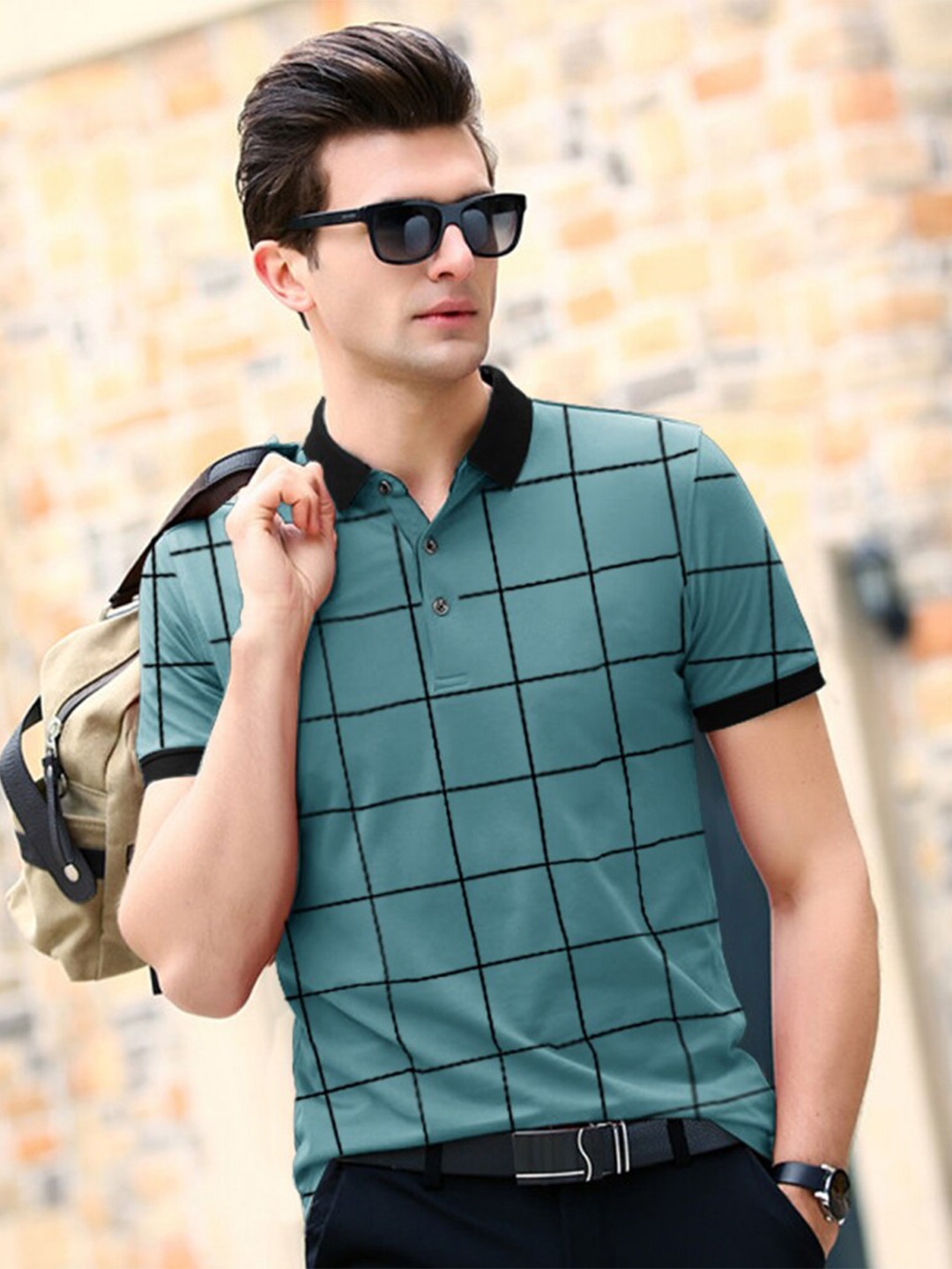 

Eyebogler Checked Polo Colar Cotton T-shirt, Green